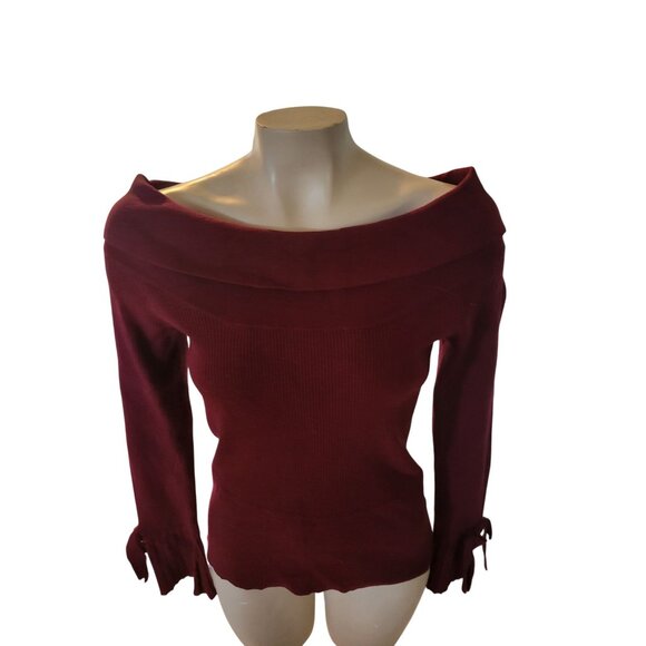 7th avenue Off-Shoulder Ribbed Knit Burgundy Sweater Tie-Cuff Long Sleeves sexy - Picture 6 of 9